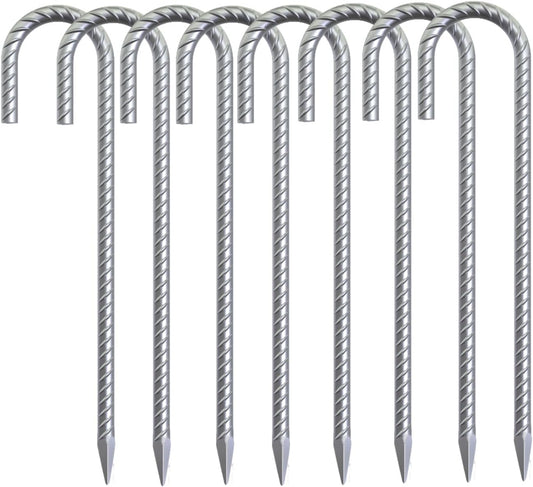 12 Pack of 16-Inch Heavy-Duty J Hook Ground Rebar Stakes, Galvanized Curved Steel Plant Support Anchors with Anti-Rust Coating