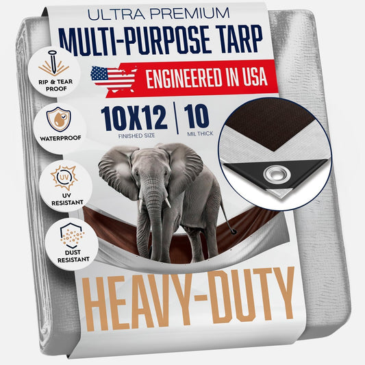 10x12 Heavy-Duty Waterproof Tarp - 10 Mil Thickness, Tear and Fade Resistant, UV Treated with Grommets Every 18 Inches (Reversible Silver/Brown)